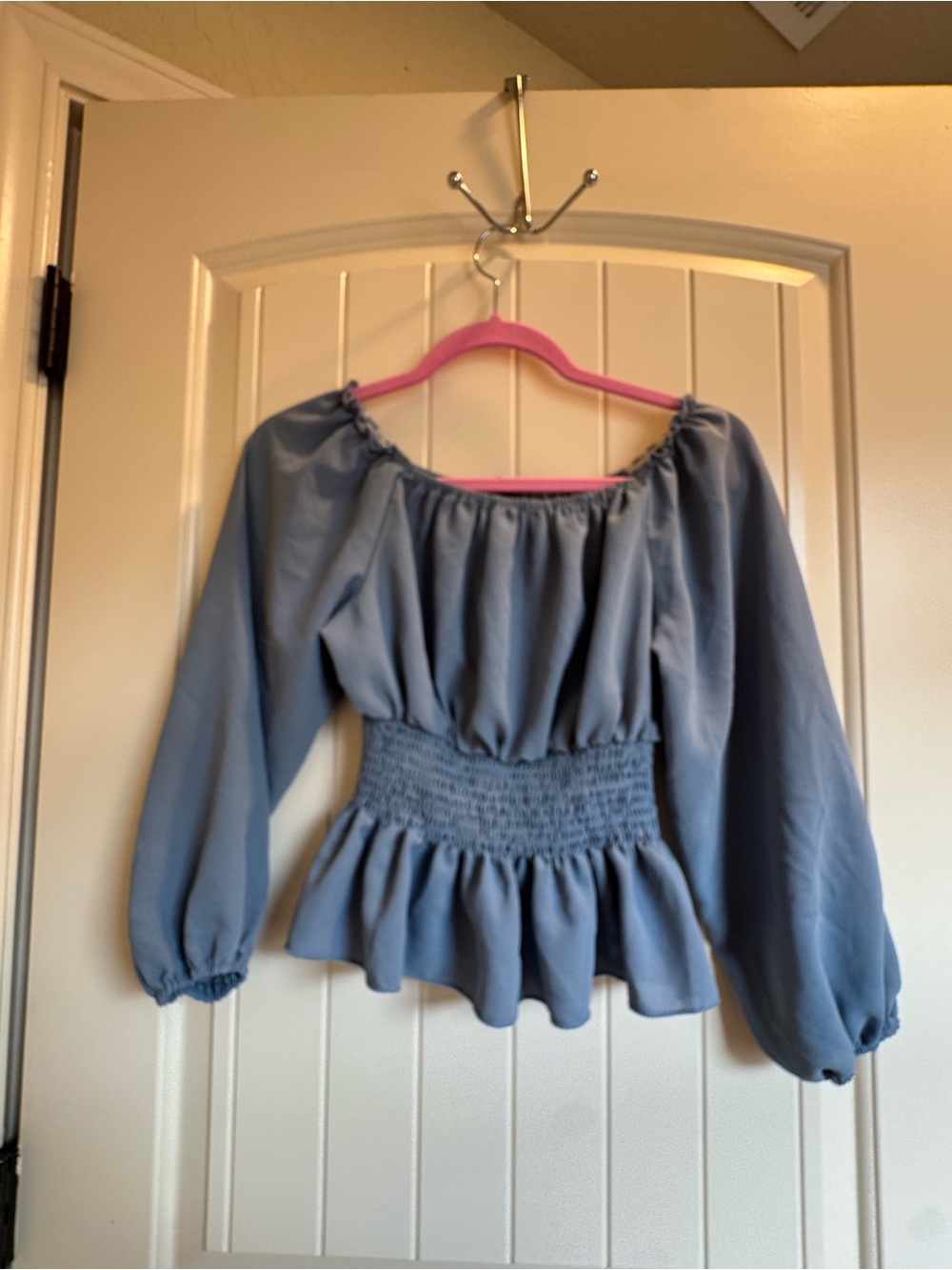 Cottage core Smocked Peplum Off-Shoulder Blouse - Dusty Blue